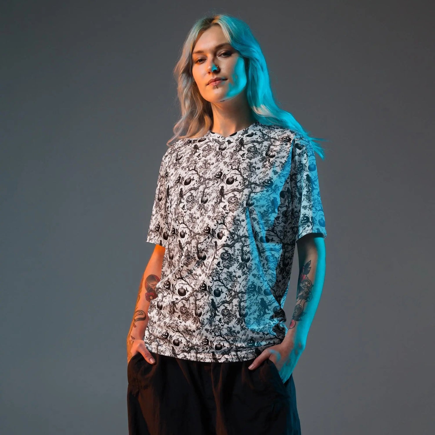 Recycled unisex sports jersey, Halloween stylish fashion cool pattern breathable v neck daily wear stretch fabric casual jean pants shirt