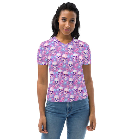 Women's T-shirt,  Halloween purple hue sugar skull bright  pattern female style humorous corky casual nurse college student lady shirt