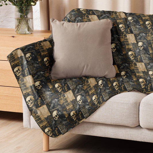 Sherpa blanket, Gothic patchwork Halloween style pattern design plush soft warm cozy cuddle up couch bed chair travel stylish throw