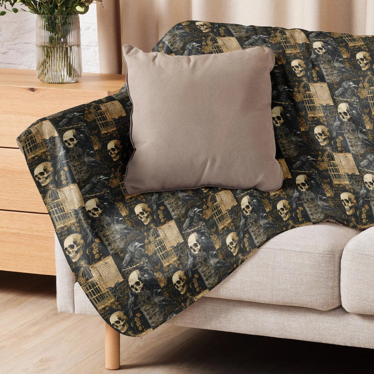 Sherpa blanket, Gothic patchwork Halloween style pattern design plush soft warm cozy cuddle up couch bed chair travel stylish throw