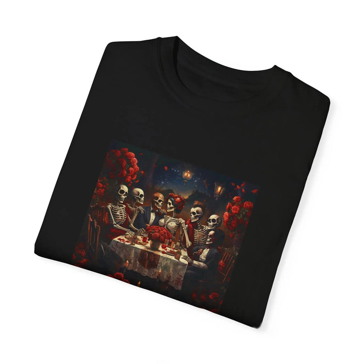 Unisex Garment-Dyed T-shirt, Day of the Dead dinner party gathering colorful bright Mexican art display casual jean school work apparel wear The Aurora Touch