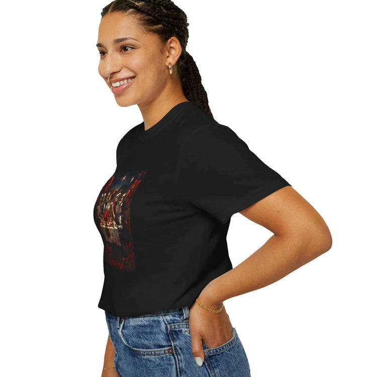 Unisex Garment-Dyed T-shirt, Day of the Dead dinner party gathering colorful bright Mexican art display casual jean school work apparel wear The Aurora Touch