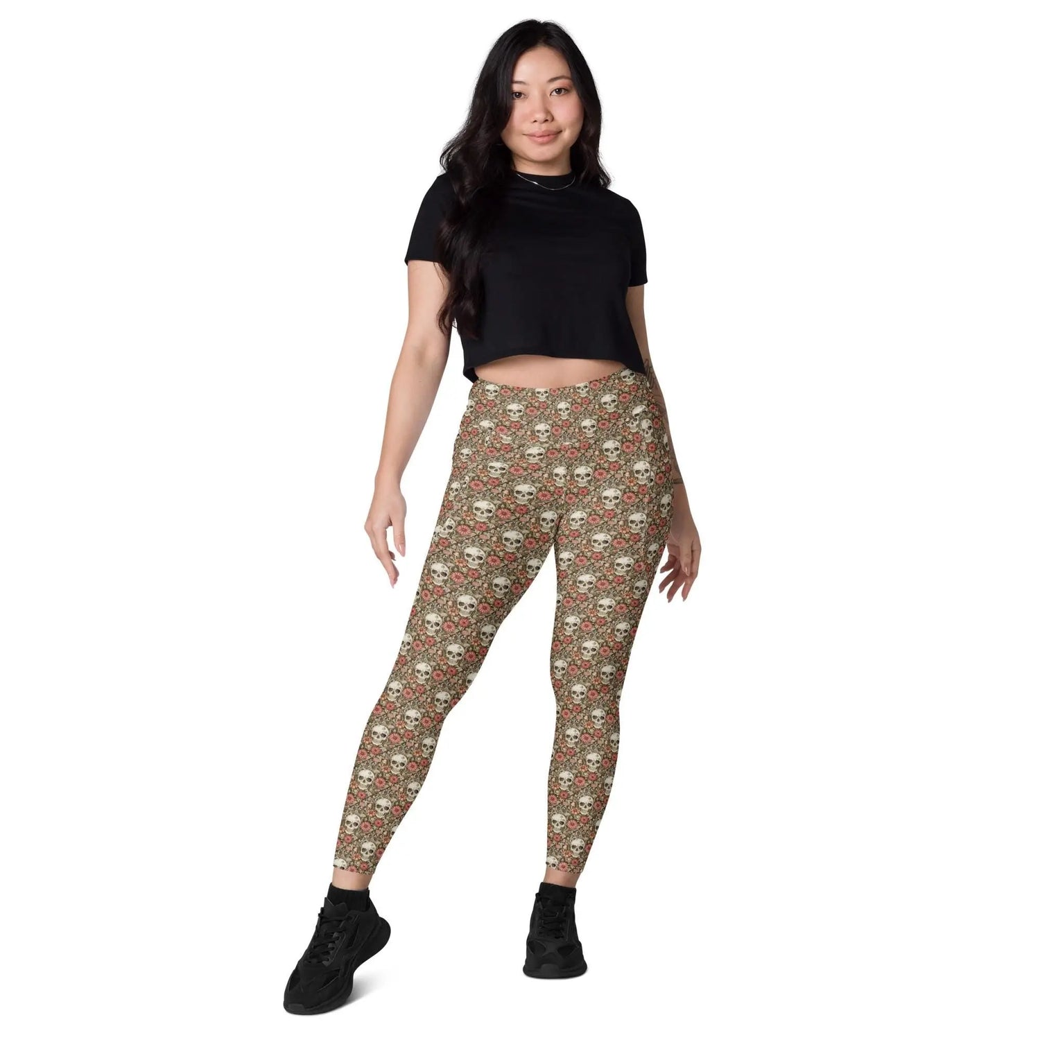 Leggings with pockets, Sugar skull day of the dead halloween themed fitted high waist all over pattern stretchy gym walking shopping pants