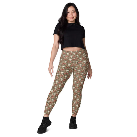 Leggings with pockets, Sugar skull day of the dead halloween themed fitted high waist all over pattern stretchy gym walking shopping pants