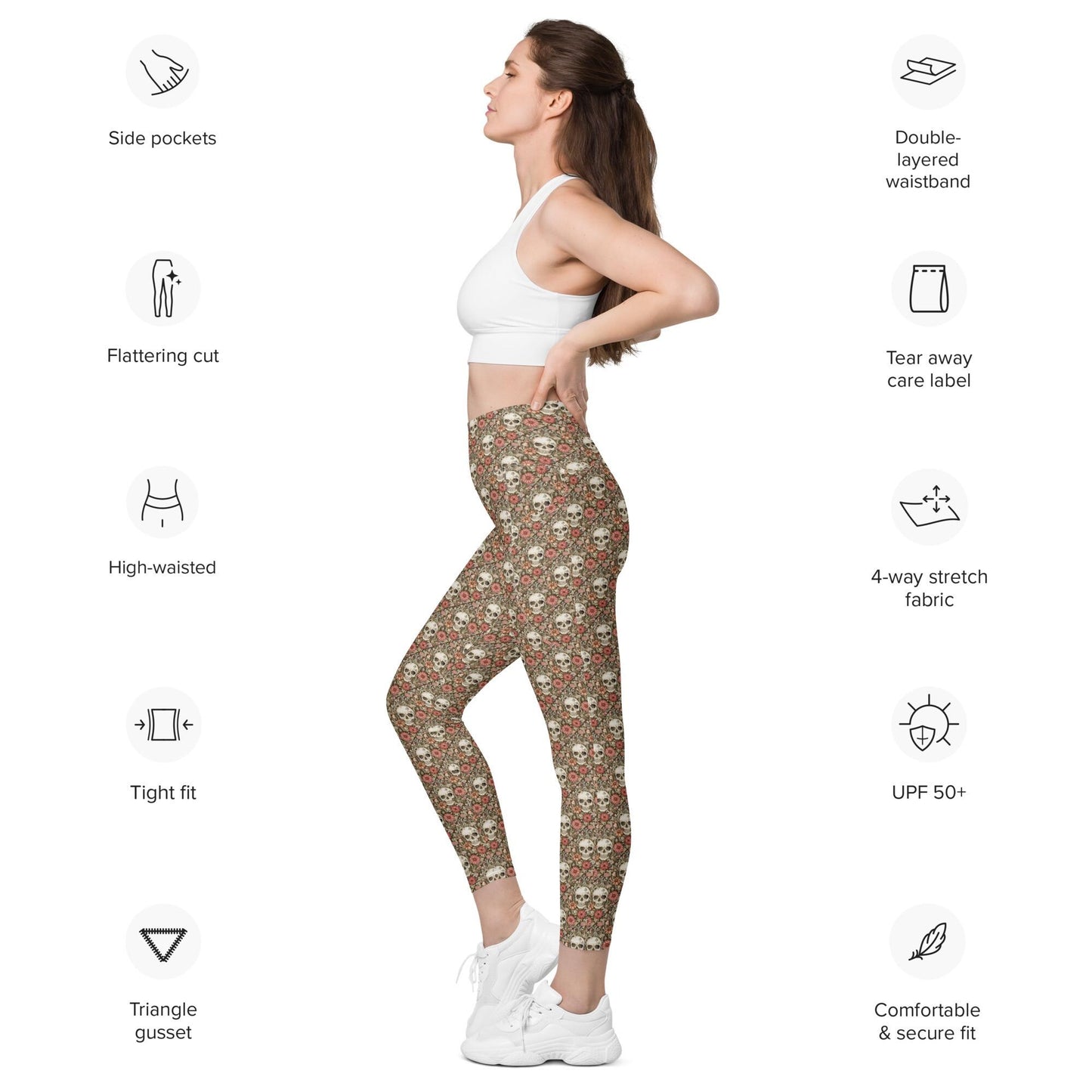 Leggings with pockets, Sugar skull day of the dead halloween themed fitted high waist all over pattern stretchy gym walking shopping pants