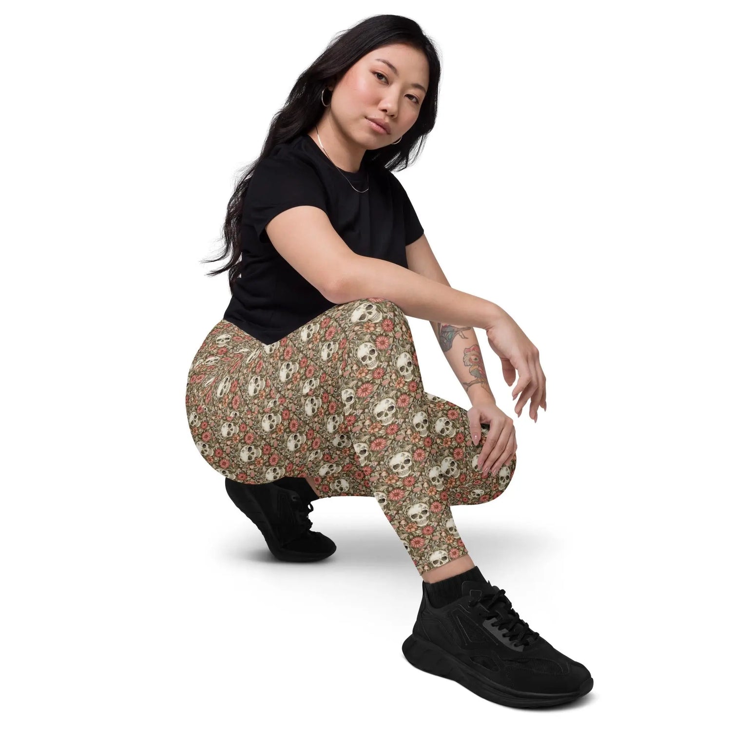 Leggings with pockets, Sugar skull day of the dead halloween themed fitted high waist all over pattern stretchy gym walking shopping pants