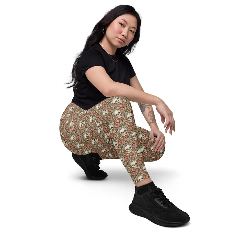 Leggings with pockets, Sugar skull day of the dead halloween themed fitted high waist all over pattern stretchy gym walking shopping pants