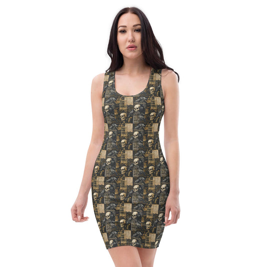 Bodycon dress, Gothic all over pattern casual date night blazer accent sexy spandex stretchy comfortable stylish Halloween vibe outfit