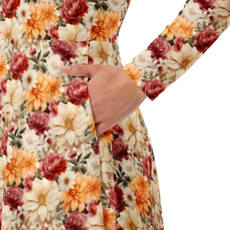 All-over print long sleeve midi dress, Bright large floral print pattern dinner date casual event classy stylish midi dress design dress The Aurora Touch