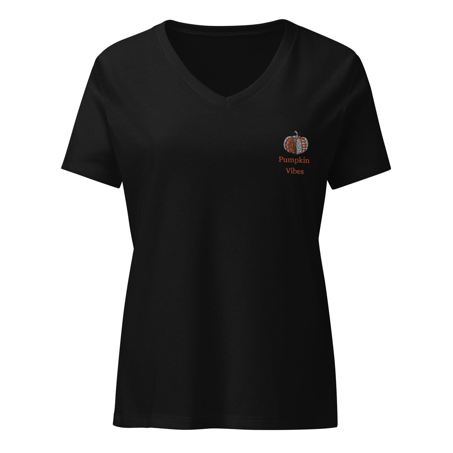 Women’s relaxed v-neck t-shirt, Minimilist pumpkin vibes quiet simple colorful classy fall spirit Thanksgiving embroiderd design shirt