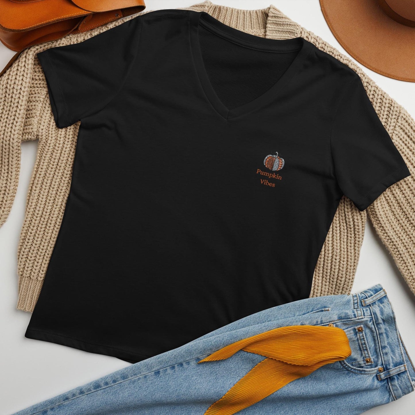 Women’s relaxed v-neck t-shirt, Minimilist pumpkin vibes quiet simple colorful classy fall spirit Thanksgiving embroiderd design shirt