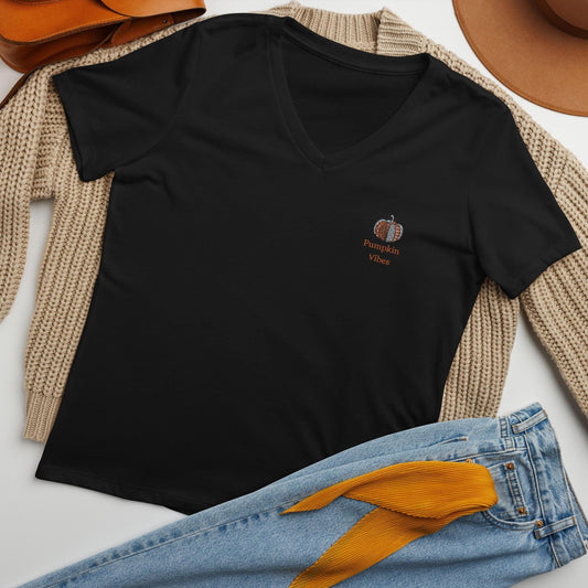 Women’s relaxed v-neck t-shirt, Minimilist pumpkin vibes quiet simple colorful classy fall spirit Thanksgiving embroiderd design shirt