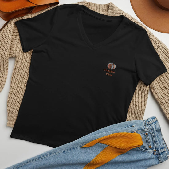Women’s relaxed v-neck t-shirt, Minimilist pumpkin vibes quiet simple colorful classy fall spirit Thanksgiving embroiderd design shirt The Aurora Touch