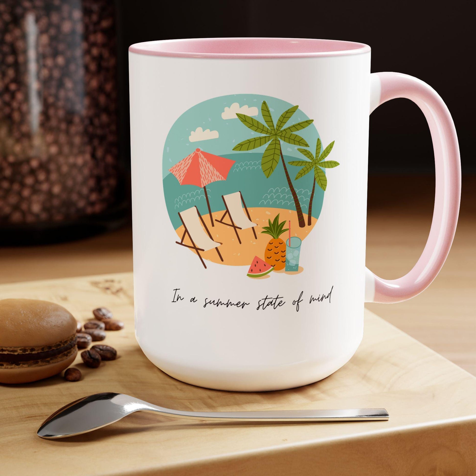 Two-Tone Coffee Mugs, 15oz, Summer vibes great energy vibrant kitchen home decor coffee tea beverage cup