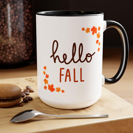 Two-Tone Coffee Mugs, 15oz, Hello Fall minimilist color handle large holiday theme kitchen decor Hot Coco warm tea Autumn spirit cup