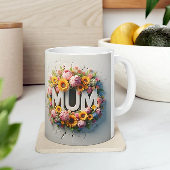 Ceramic Mug, 11oz, 3D Floral MUM sunny bright unique vibrant two sided print coffee tea beverage cup great gift The Aurora Touch