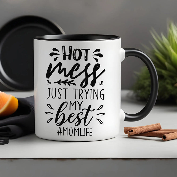 Colorful Mugs, 11oz, Humorous Hot mess Mom Life saying casual 2 tone coffee tea hot cocoa novelty funny cup great gift The Aurora Touch