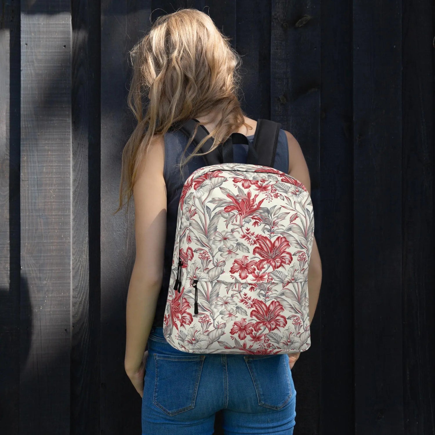 Backpack, Red floral boho print pattern everyday casual school work office stylish soft modern day all purpose ipad laptop notebook bag The Aurora Touch