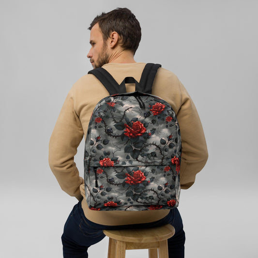 Mochila, estilo gótico, rosa roja, espina negra, color oscuro, elegante mochila con estuche de transporte
