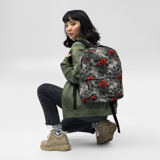 Mochila, estilo gótico, rosa roja, espina negra, color oscuro, elegante mochila con estuche de transporte