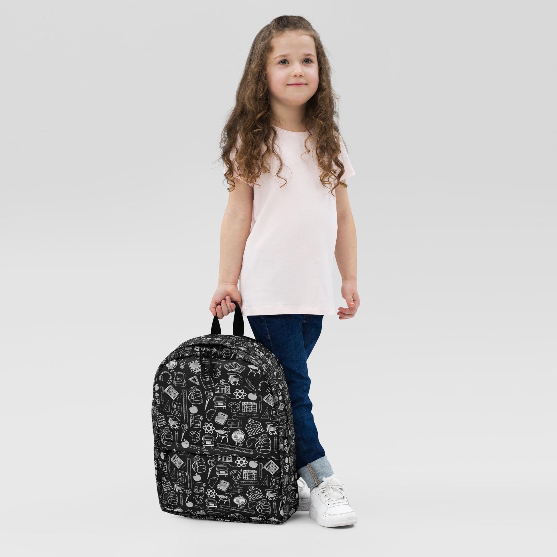 Backpack, Simple black and white minimilist stylish young kid back to school computer ipad crayons pencils supply carrying book bag