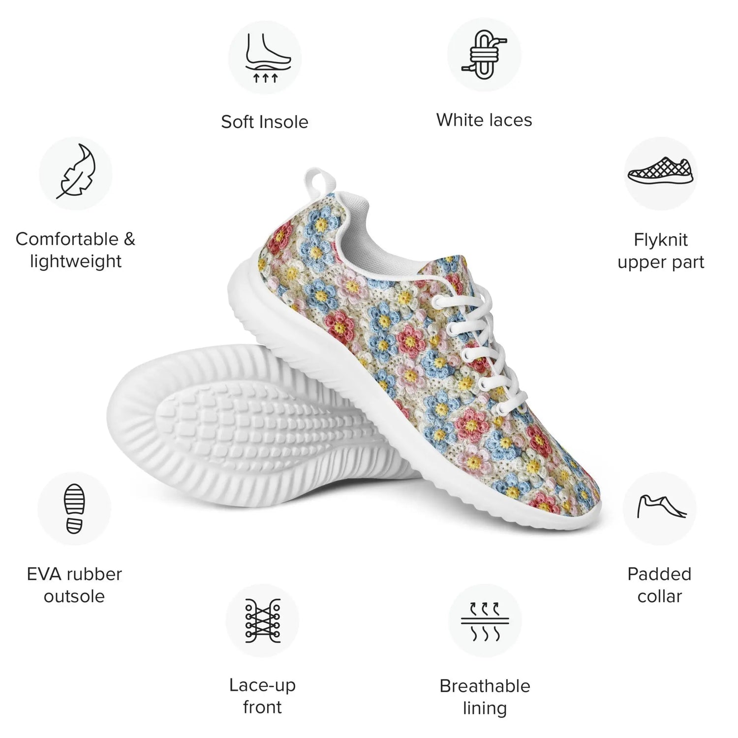 Women’s athletic shoes, light color crotchet print pattern design hand crafted fashion style casual soft pretty everyday comfy sporty shoe The Aurora Touch