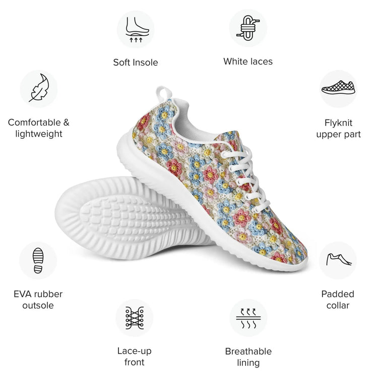Women’s athletic shoes, light color crotchet print pattern design hand crafted fashion style casual soft pretty everyday comfy sporty shoe The Aurora Touch