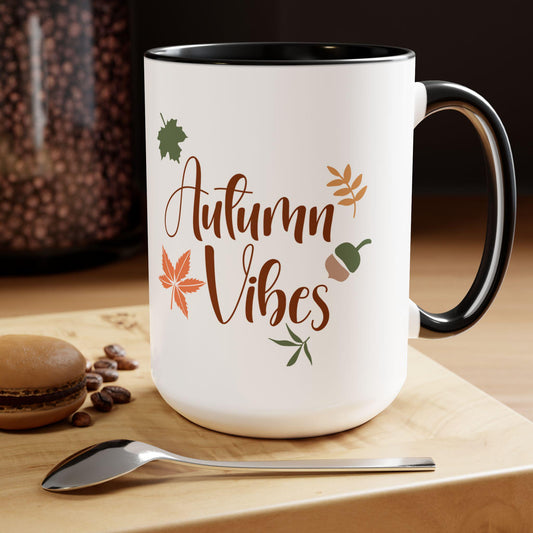 Two-Tone Coffee Mugs, 15oz,  Autumn Fall vibes large novelty coffee hot tea apple cider holiday kitchen home decor simple sweet beverage cup
