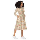 All-over print long sleeve pretty floral print pattern mididress stylish date night graduation holiday dinner below the calf length dress The Aurora Touch