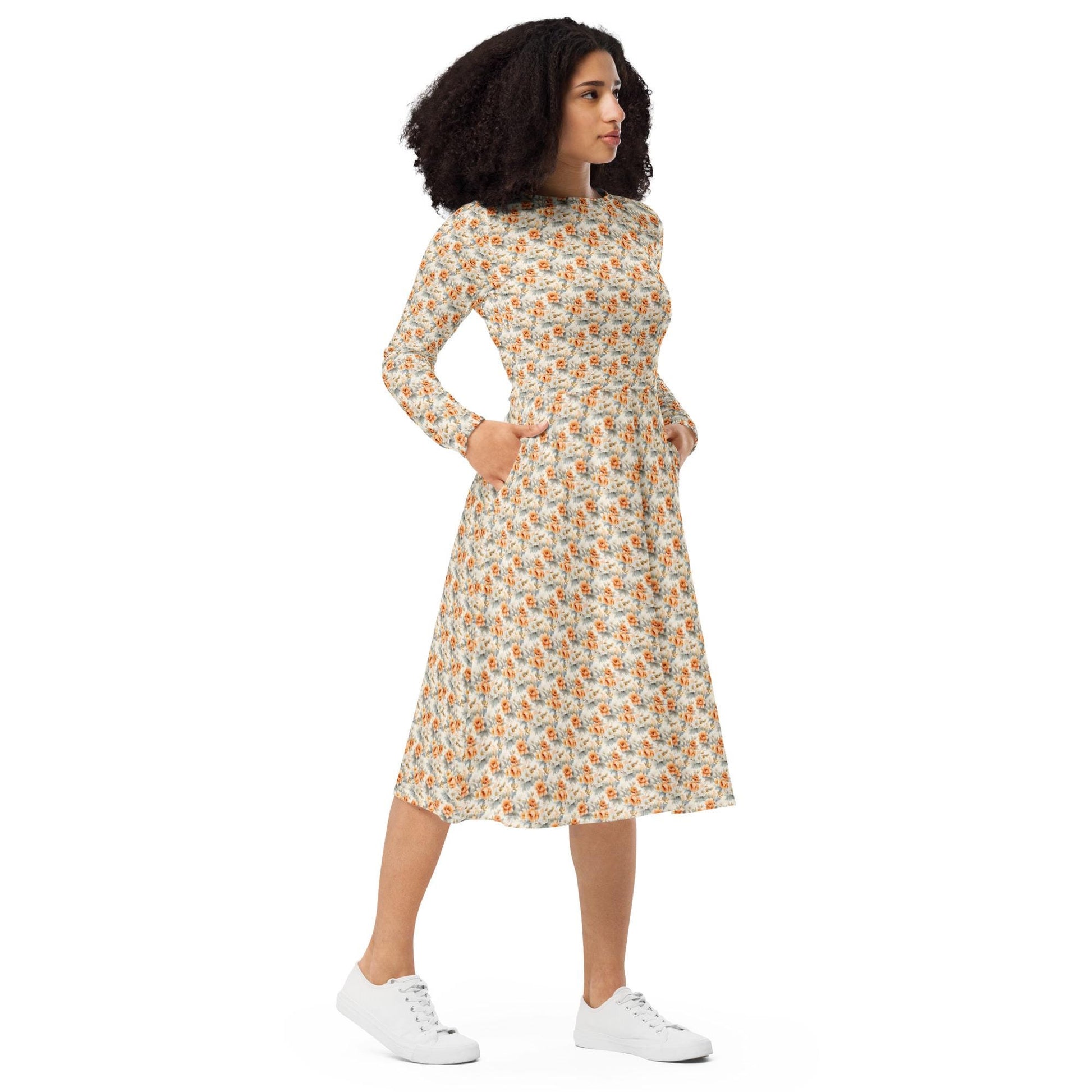 All-over print long sleeve pretty floral print pattern mididress stylish date night graduation holiday dinner below the calf length dress