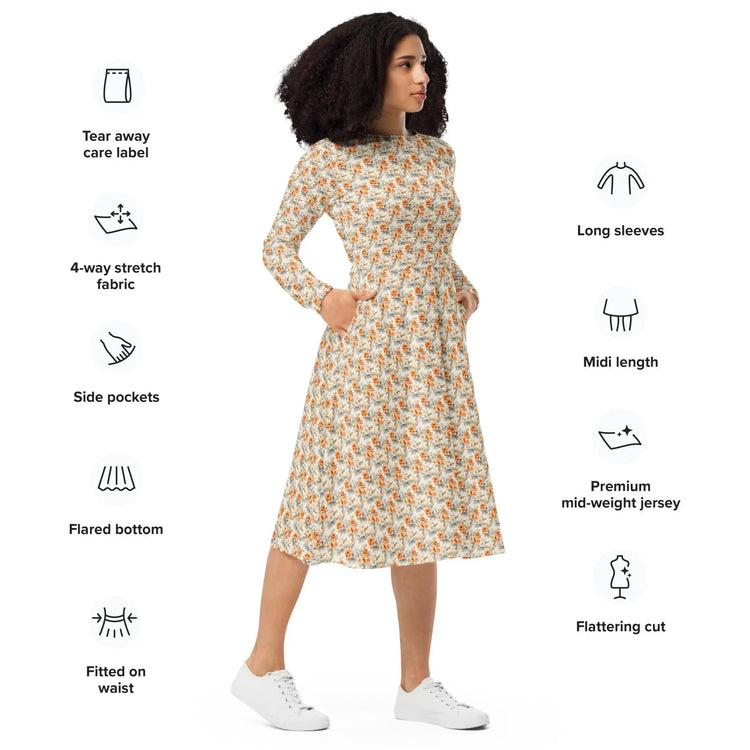 All-over print long sleeve pretty floral print pattern mididress stylish date night graduation holiday dinner below the calf length dress The Aurora Touch