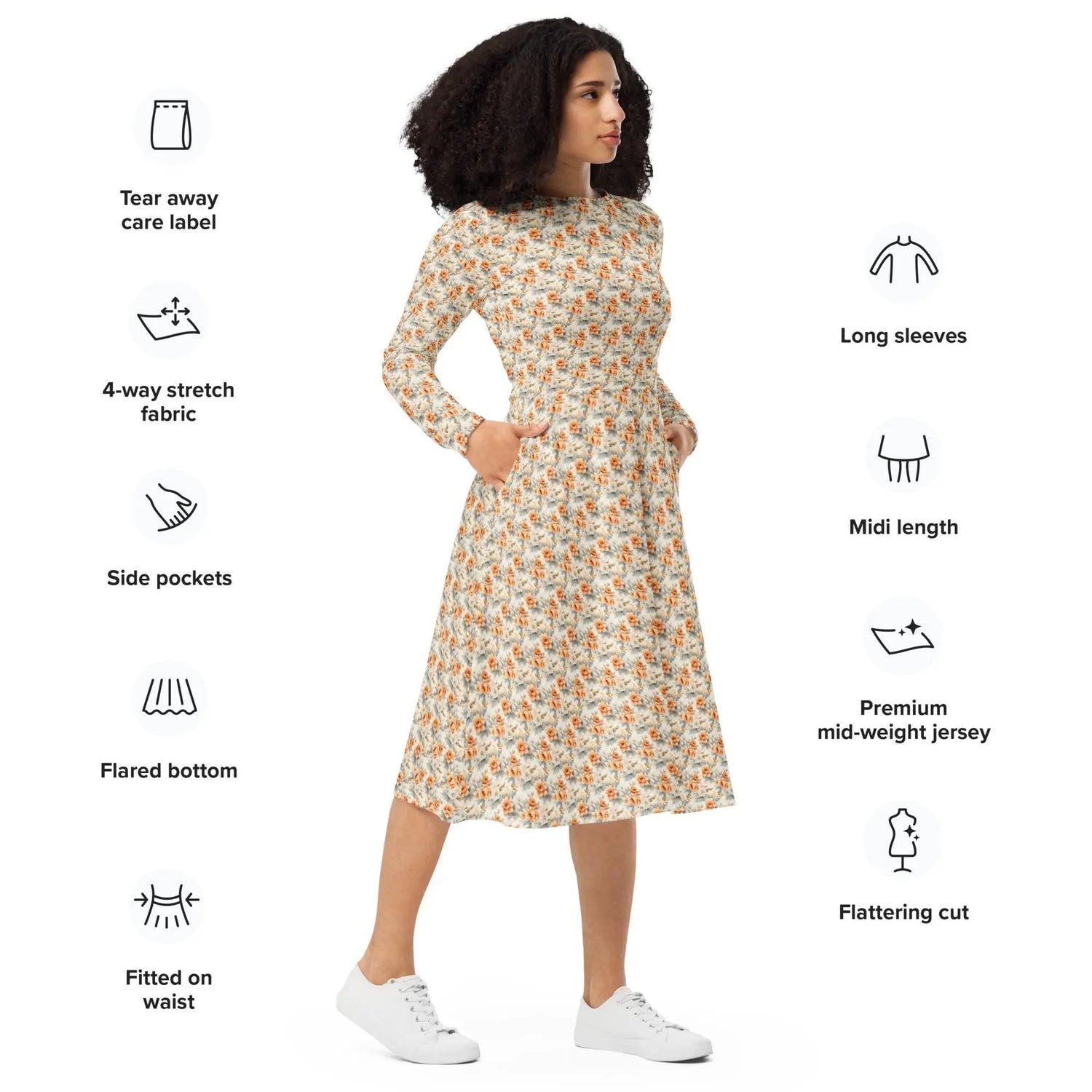 All-over print long sleeve pretty floral print pattern mididress stylish date night graduation holiday dinner below the calf length dress