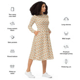 All-over print long sleeve pretty floral print pattern mididress stylish date night graduation holiday dinner below the calf length dress