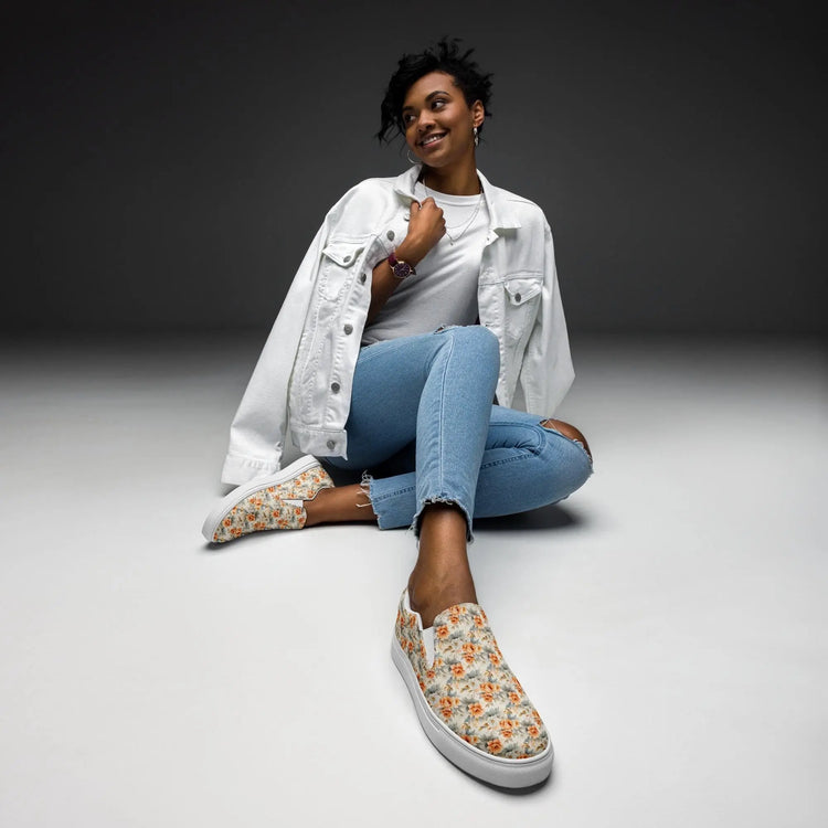 Women’s slip-on canvas shoes, Bright floral pretty all over pattern design fabric style fashion school work casual skinny jeans slip on shoe
