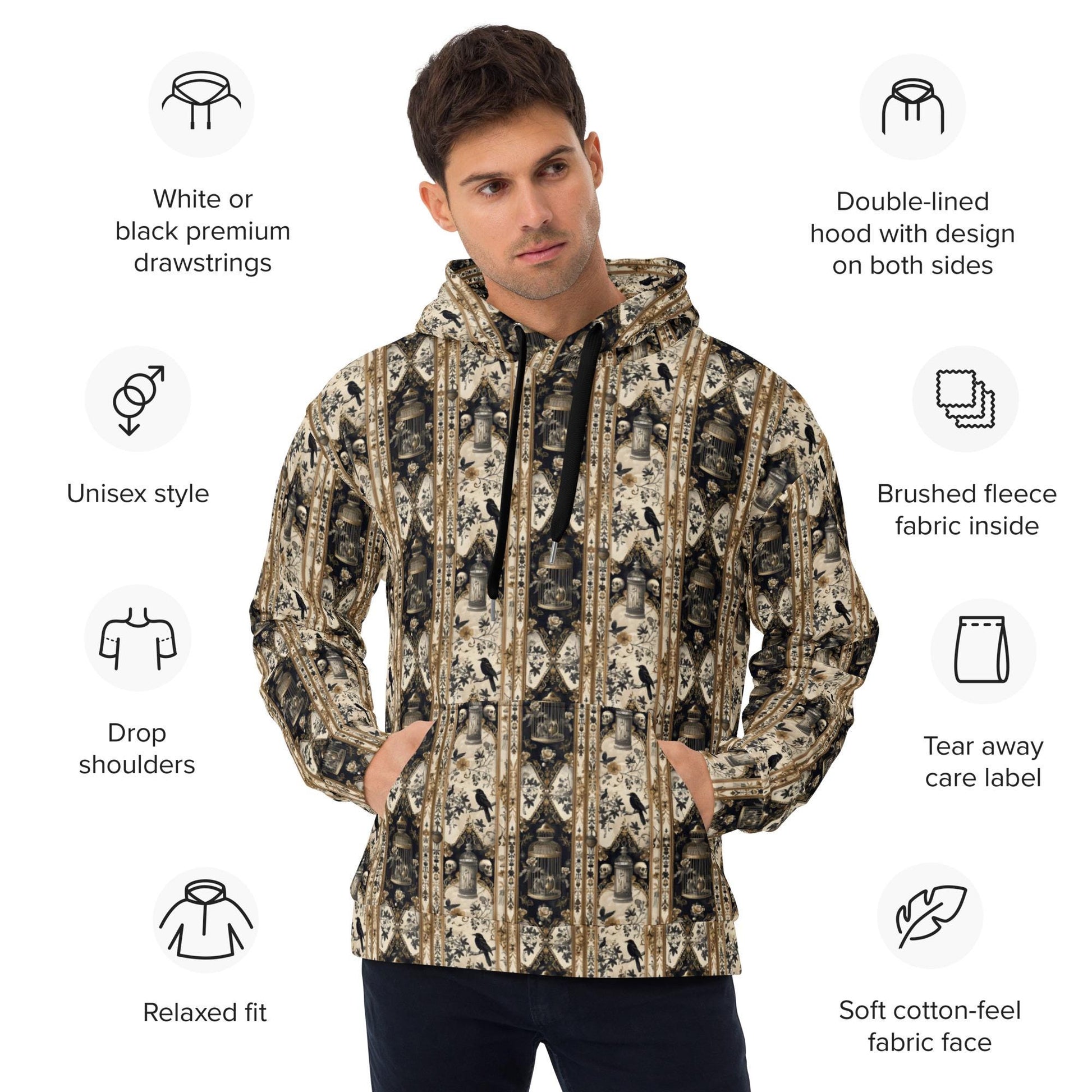 Men&#39;s warm cozy gothic mystical Fall holiday theme all over pattern print casual vibrant relaxed warm hoodie sweatshirt