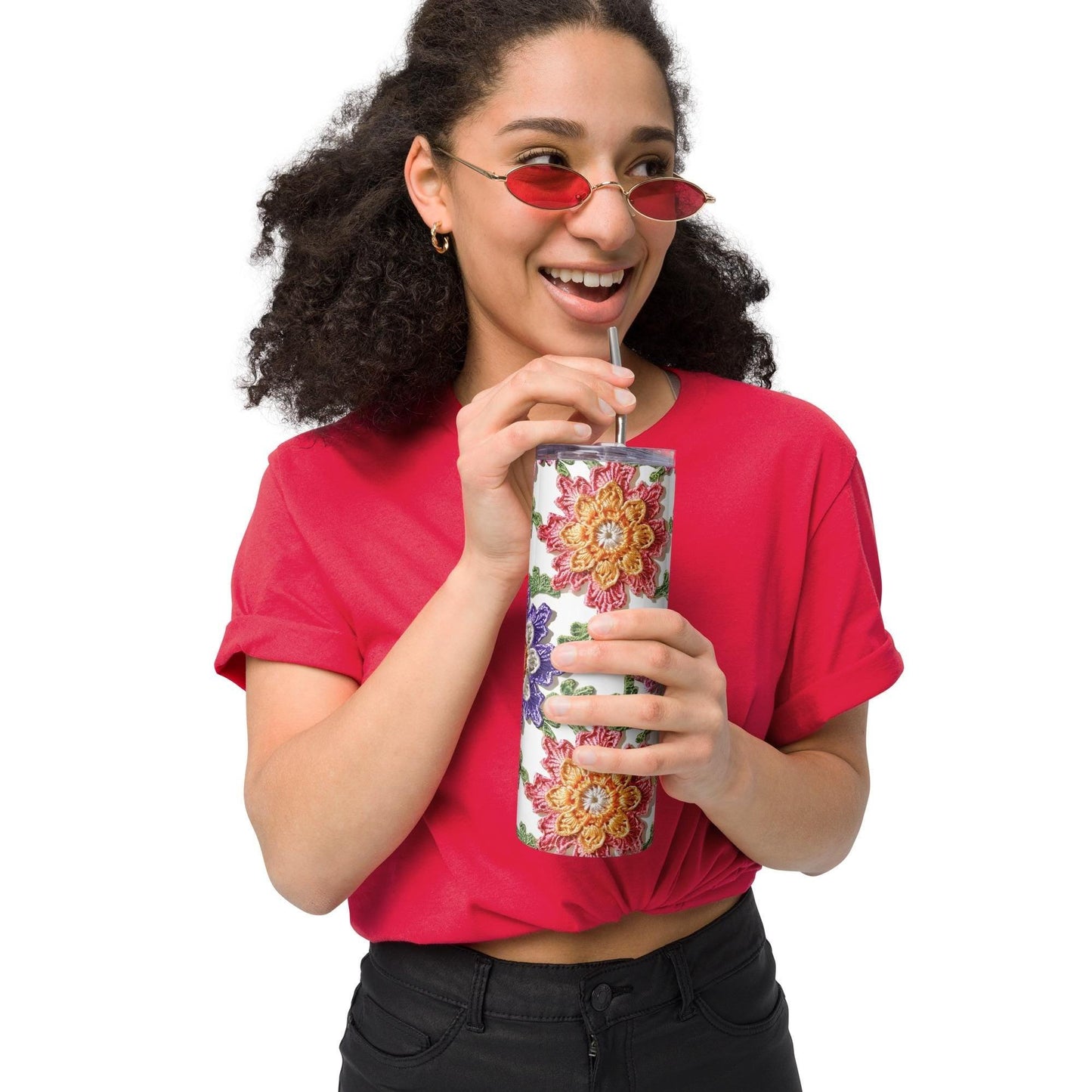 Stainless steel tumbler, stylish large floral crotchet pattern AOP for everyday water juice coffee hot tea school travel walk hiking cup