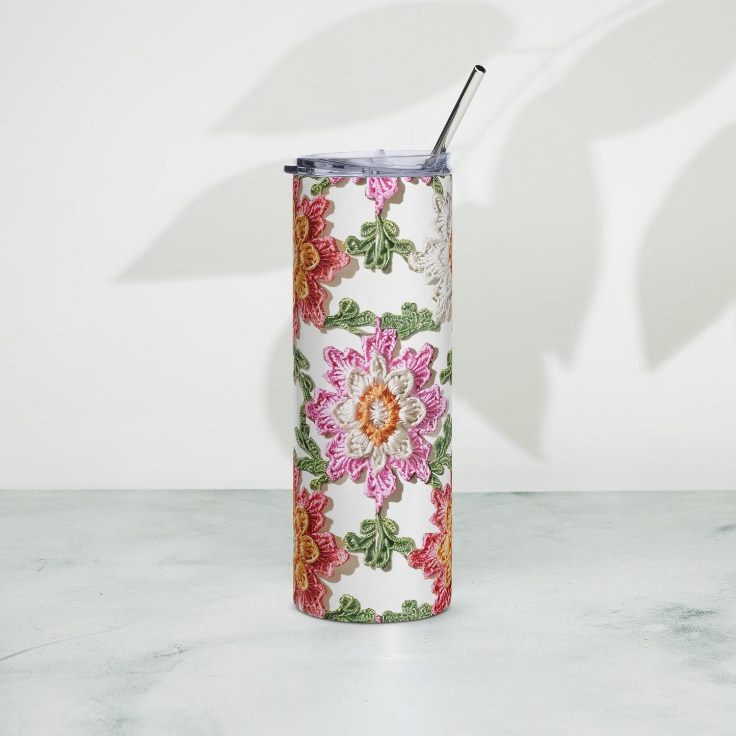 Stainless steel tumbler, stylish large floral crotchet pattern AOP for everyday water juice coffee hot tea school travel walk hiking cup