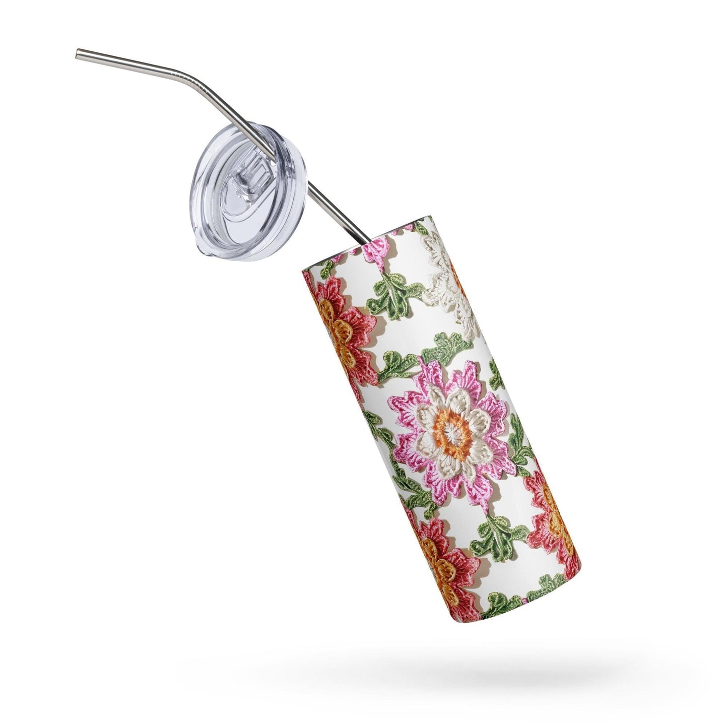 Stainless steel tumbler, stylish large floral crotchet pattern AOP for everyday water juice coffee hot tea school travel walk hiking cup