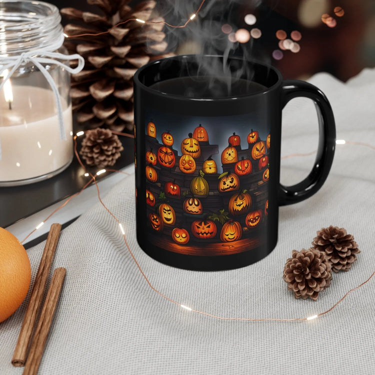 11oz Black Mug, Vibrant pumpkin halloween pattern design casual office everyday office home decorative cup The Aurora Touch