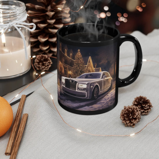 11oz Black Mug, Designer Rolls Royce holiday white Xmas portrait stylish home office decor everyday beverage mug The Aurora Touch