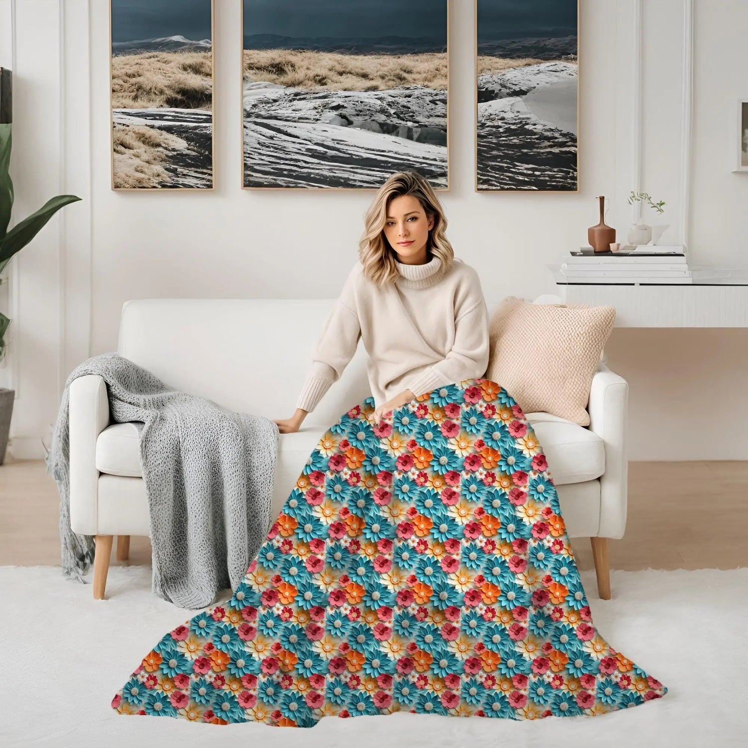 Throw Blanket, Bright colorful floral all over print pattern soft comfy silky couch bed travel holiday must relaxing holiday gift throw The Aurora Touch