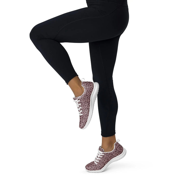 Women’s athletic shoes, Burgandy lace all over print classy sophisticated design casual workout work sporty sneaker jean pairing shoe