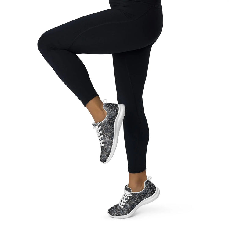Women’s athletic shoes, sexy chic casual sporty black lace pattern print work gym travel comfy soft light breathable designer sneaker