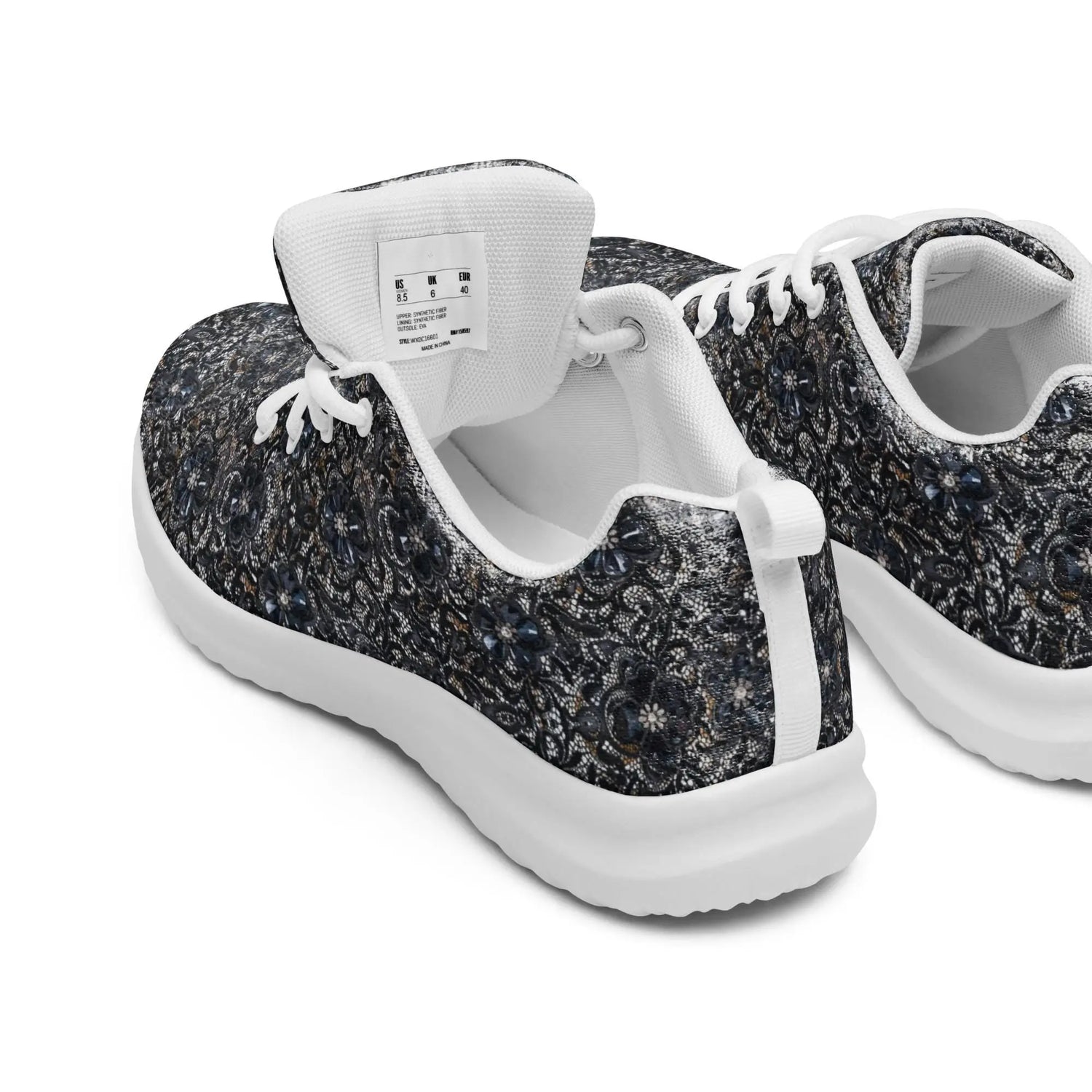 Women’s athletic shoes, sexy chic casual sporty black lace pattern print work gym travel comfy soft light breathable designer sneaker