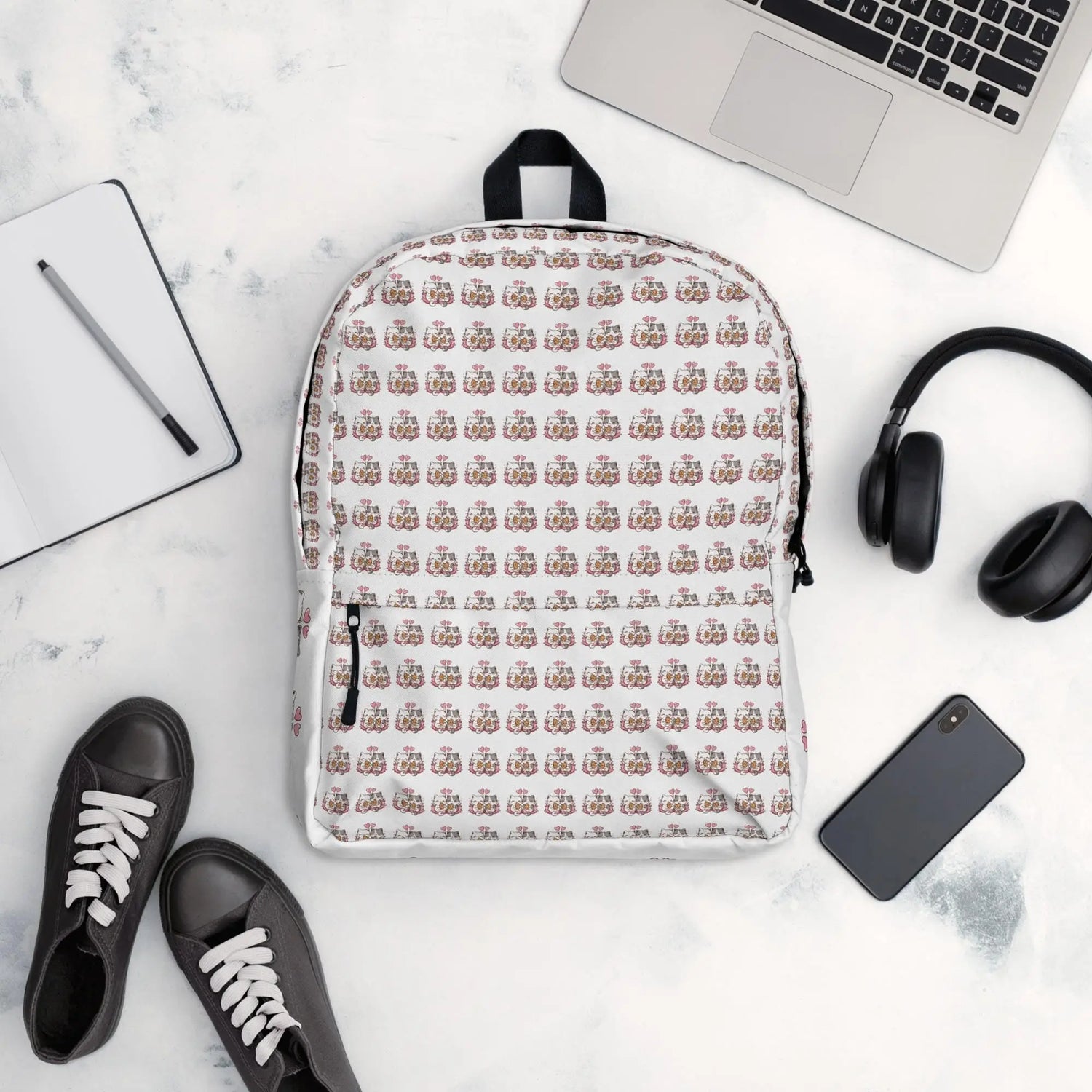 Backpack, Kitty cat love AOP design computer laptop cell phone book everyday school work travel bag
