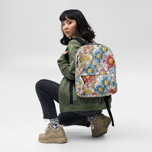 Mochila con estampado de flores pastel de crochet por todas partes, ideal para el regreso a clases, el trabajo, el gimnasio, viajes, multiusos, elegante, para llevar contigo, mochila, libro, portátil.