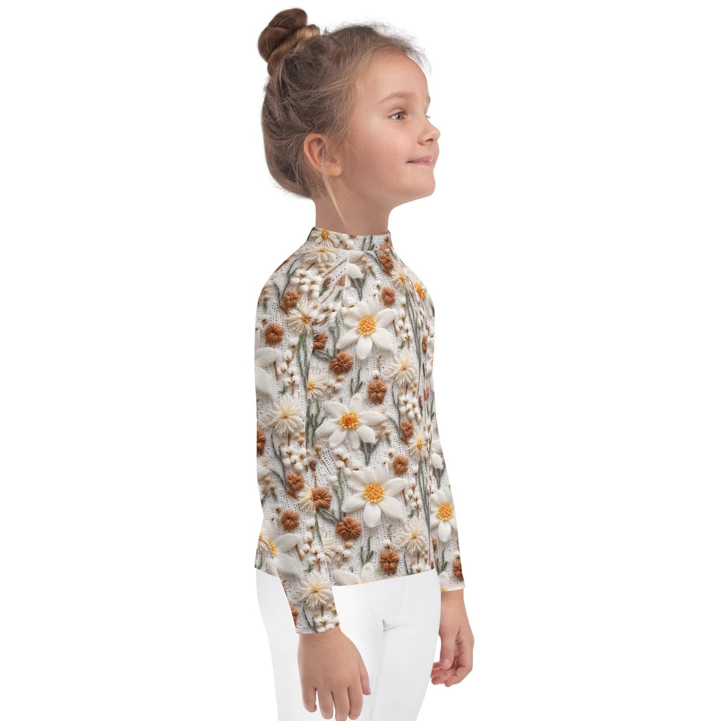Kids Rash Guard, Crotchet floral pattern fitted kid child girl casual playground classroom everyday wear stylish long sleeve spandex shirt