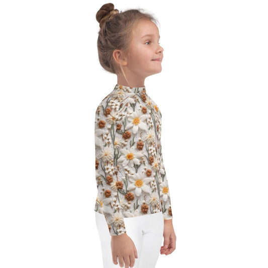 Kids Rash Guard, Crotchet floral pattern fitted kid child girl casual playground classroom everyday wear stylish long sleeve spandex shirt