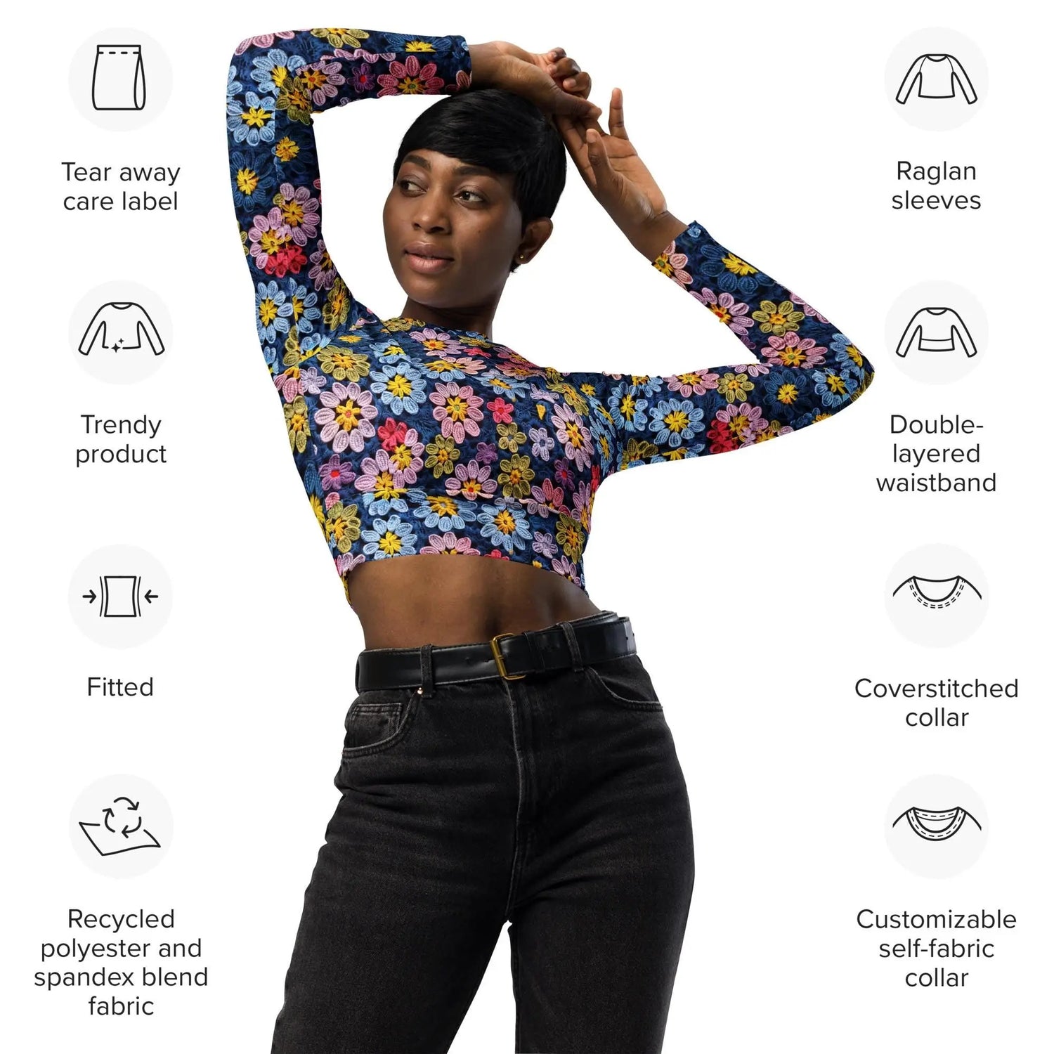 Recycled long-sleeve crop top, sexy crotchet sporty casual jean shorts everyday all activity stylish floral design crop top great for gift