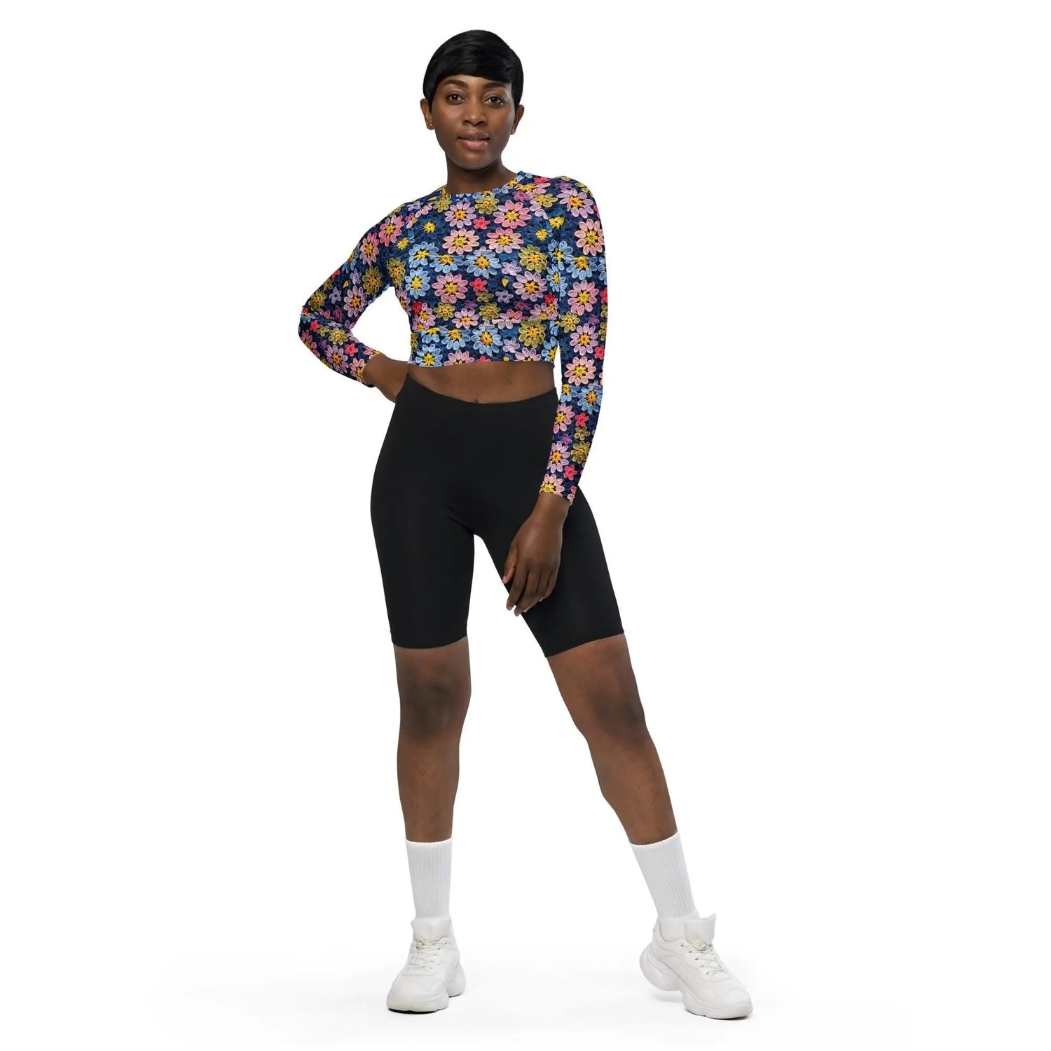 Recycled long-sleeve crop top, sexy crotchet sporty casual jean shorts everyday all activity stylish floral design crop top great for gift